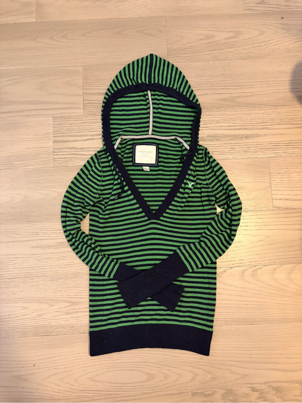 American Eagle - Green and Navy Striped Hooded Sweater